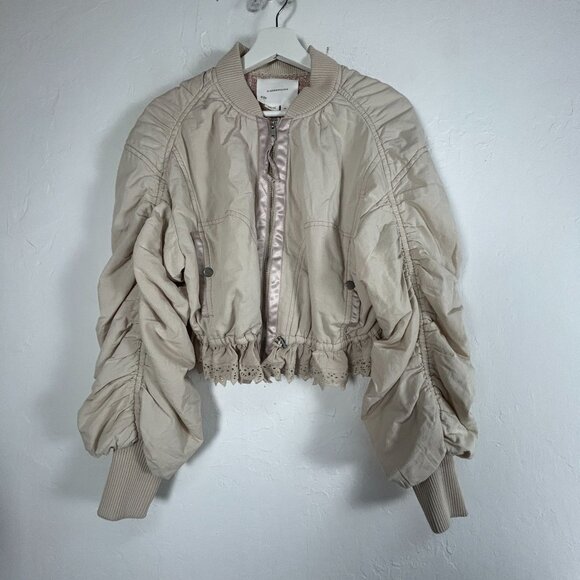 Anthropologie Jackets & Blazers - By Anthropologie Womens Ruched Lace-Trim Bomber Jacket Size XS Beige Cropped